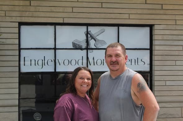 Diana and Brad Branham outside Englewood Monuments in Bedford, Indiana